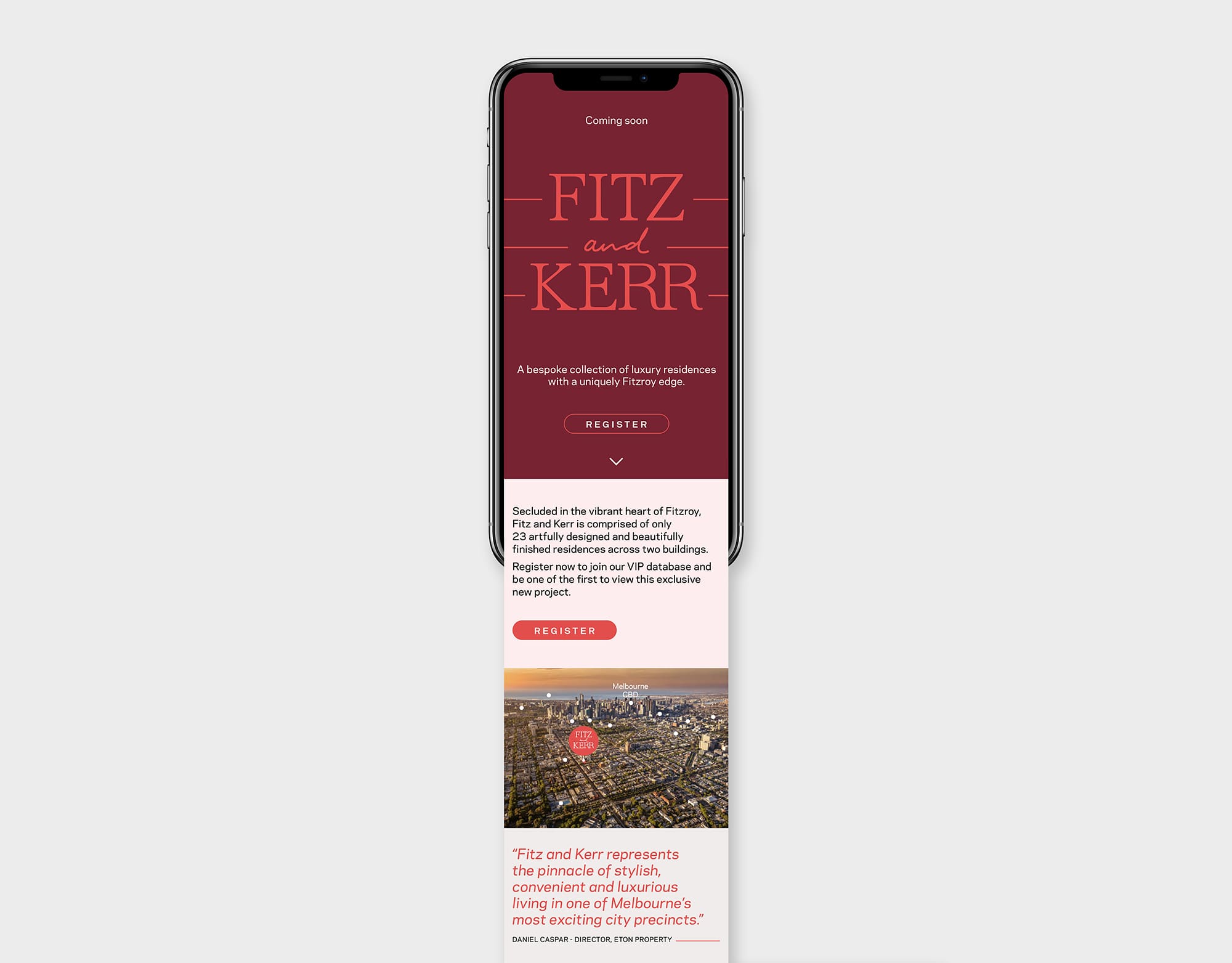 Mock up of mobile landing page for Fitz and Kerr