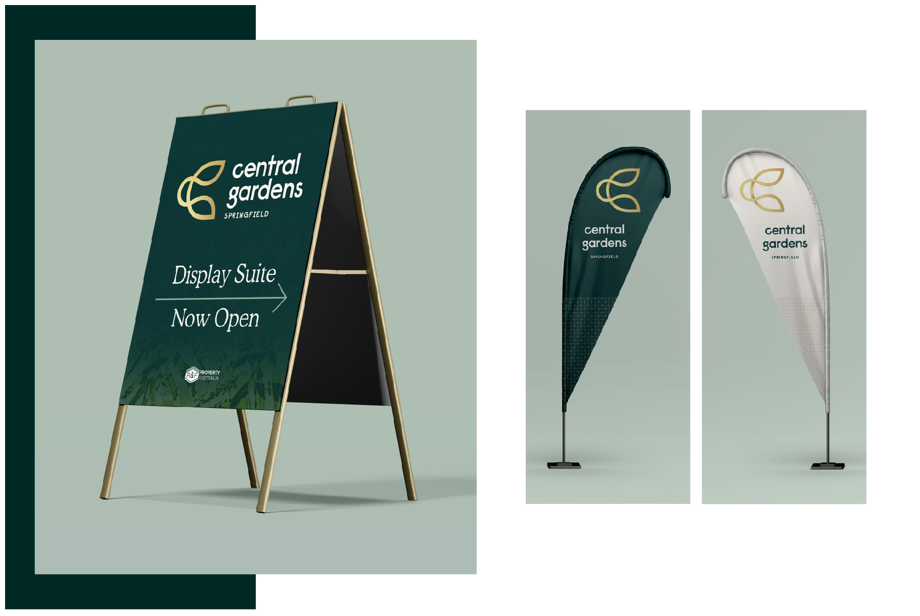 Central Gardens branded a-frame sign and flags