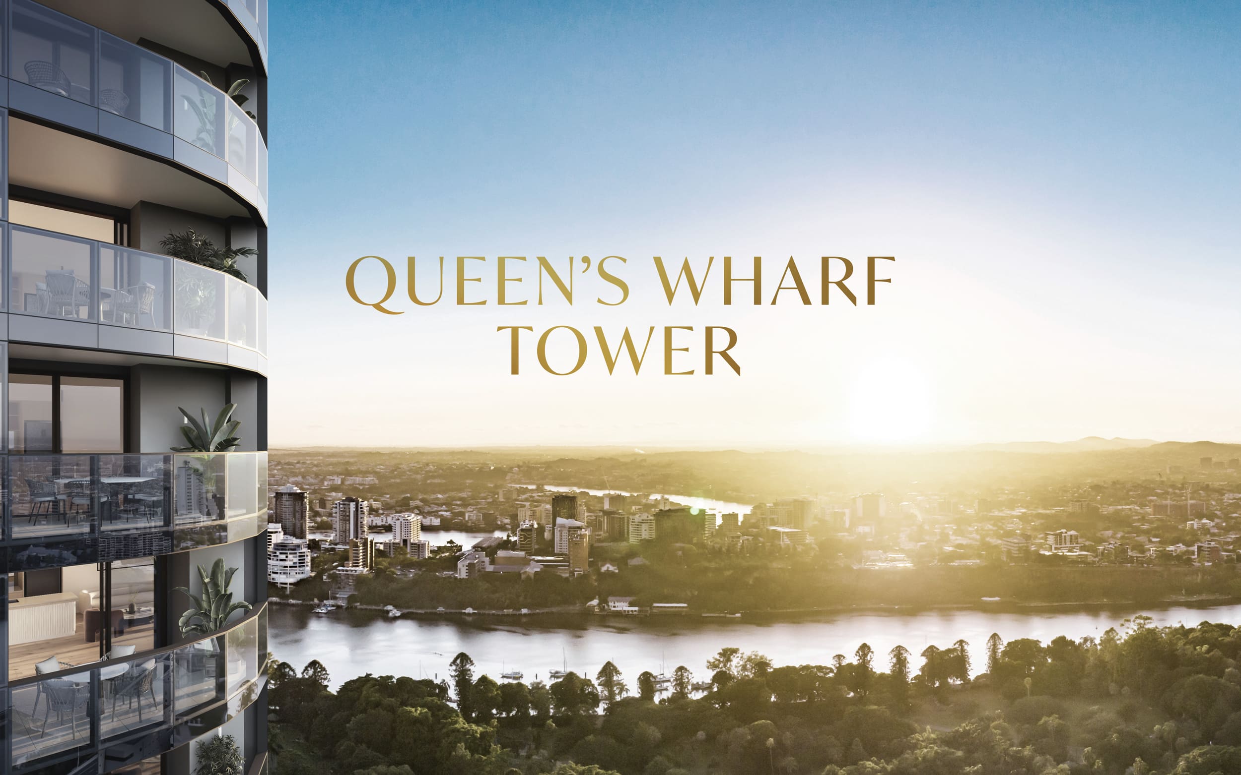Queen's Wharf Tower logo on image of the tower and Brisbane