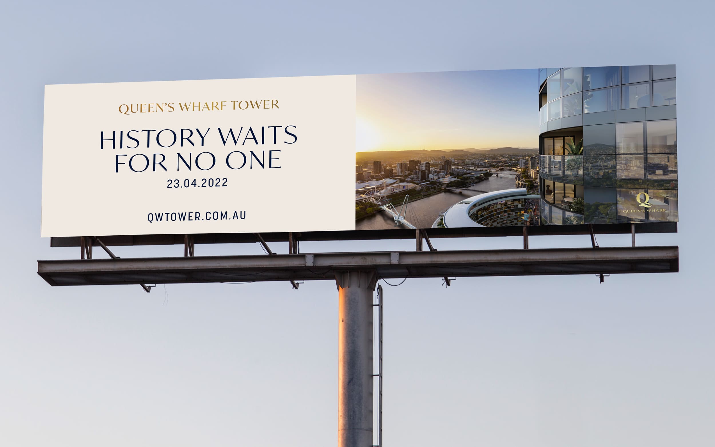 Billboard with branding and messaging 'History waits for no one'