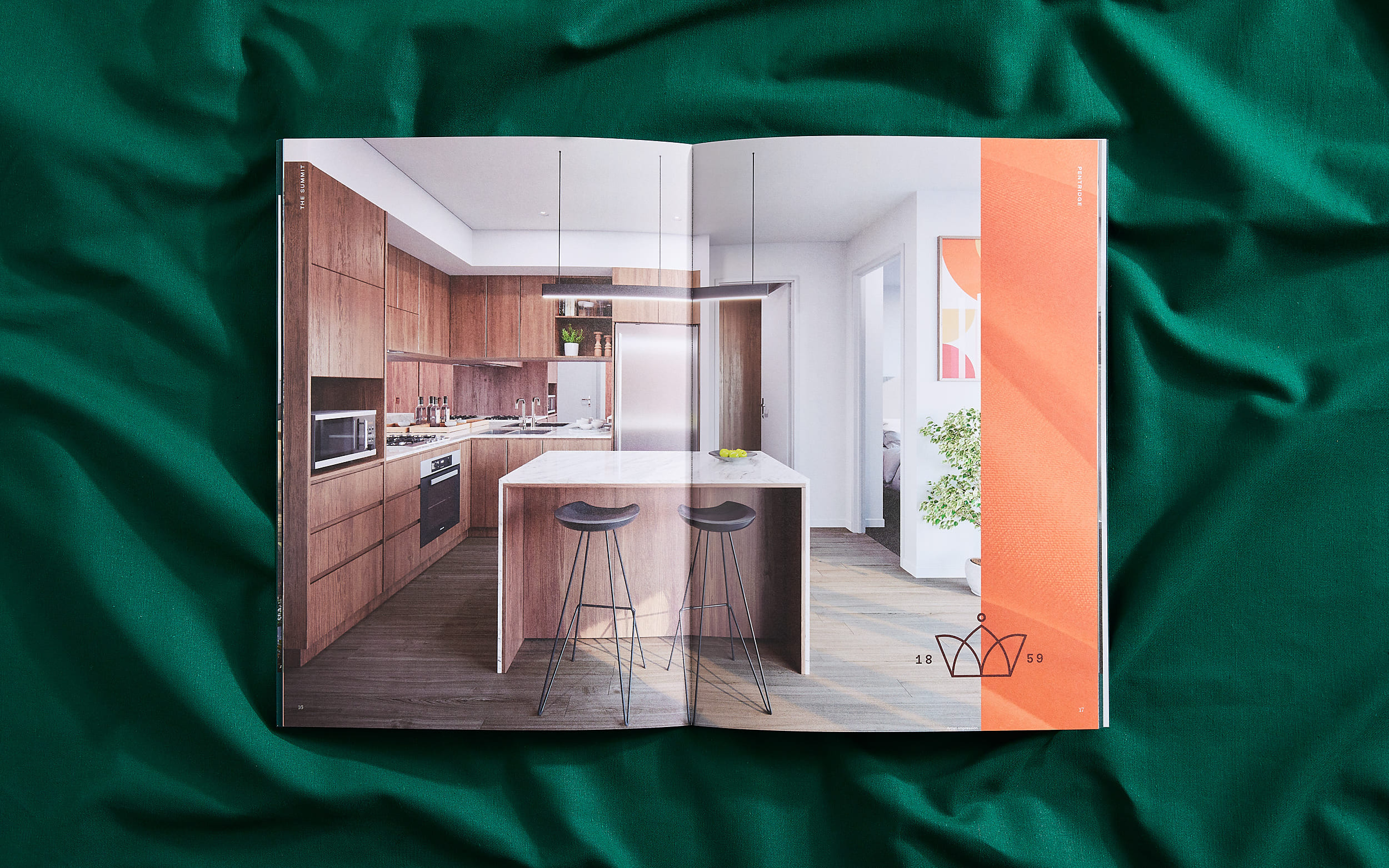 Open brochure spread showing living room render