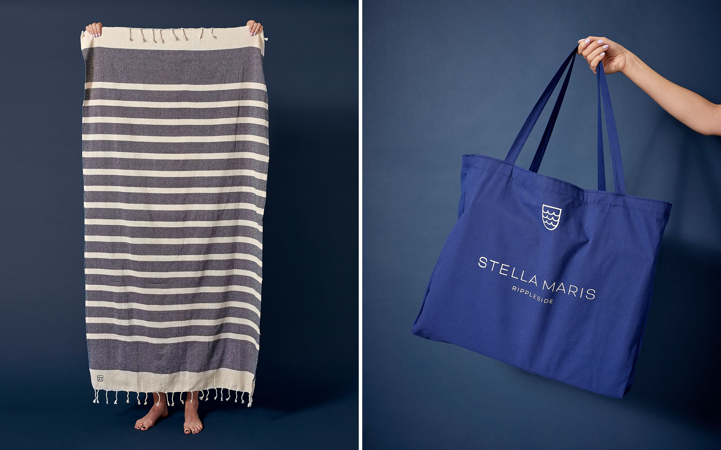 branded towel and tote bag, blue and cream striped