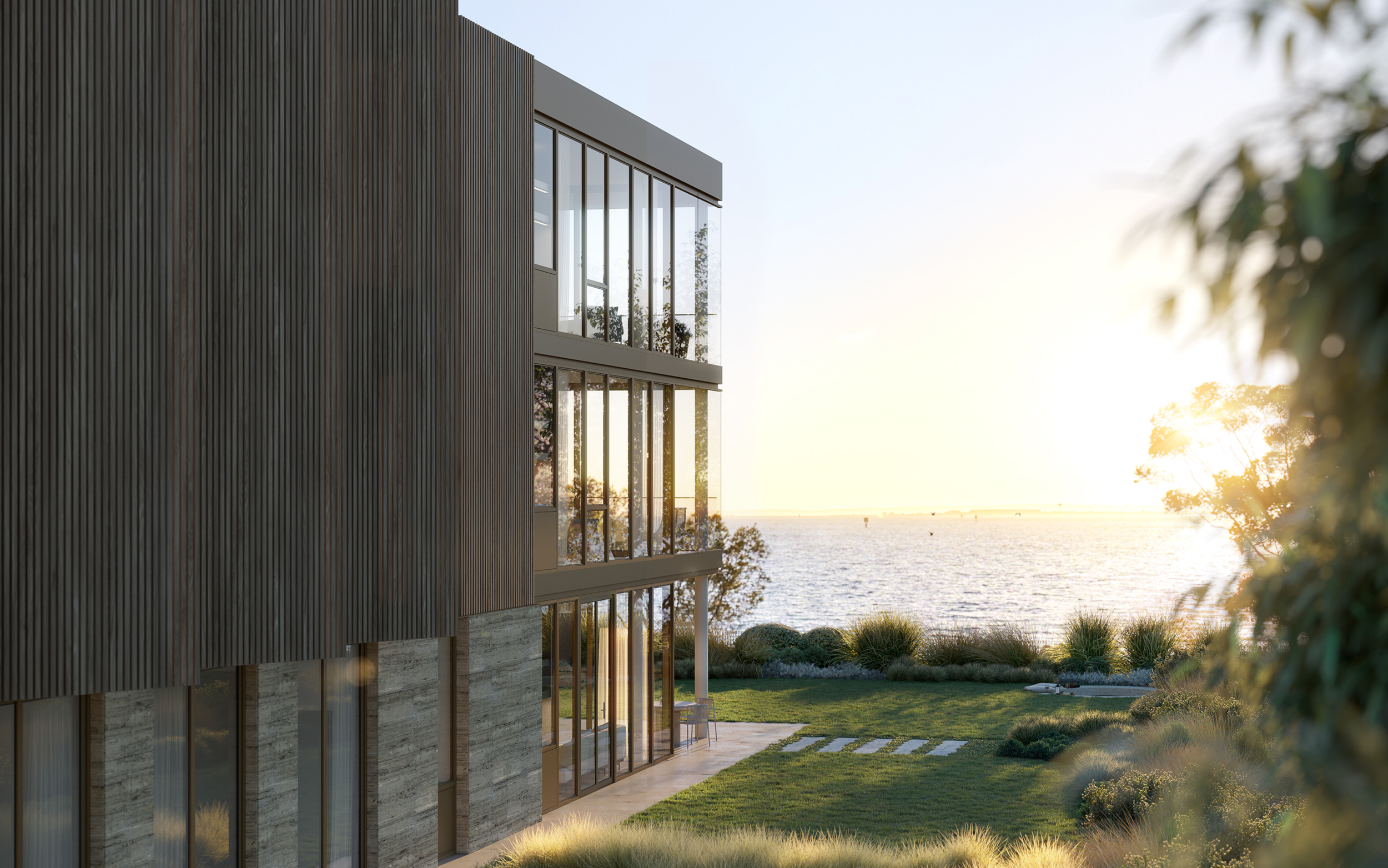 artist impression of side of apartment building, looking out to the bay