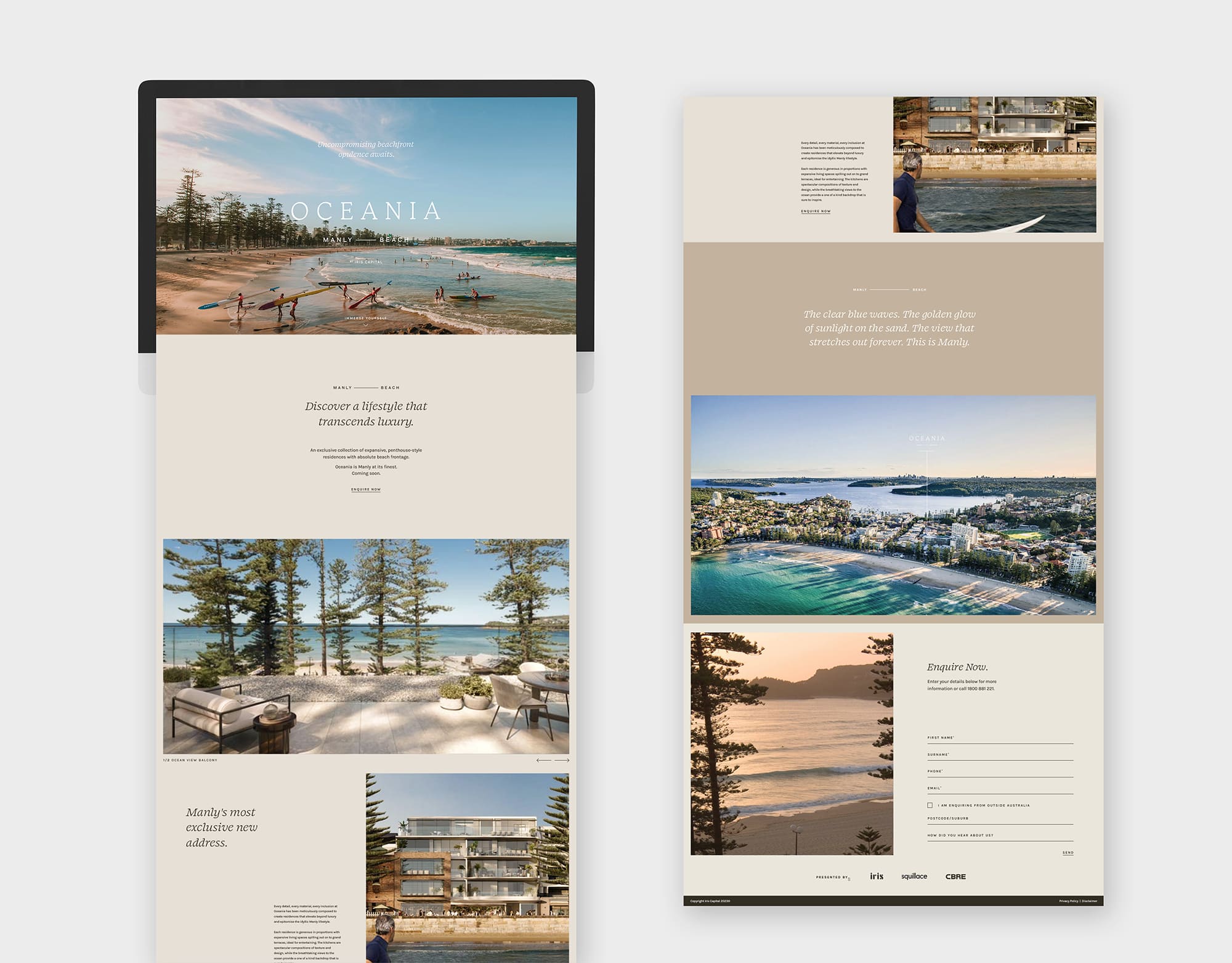 Mock up of landing page for Oceania Manly Beach
