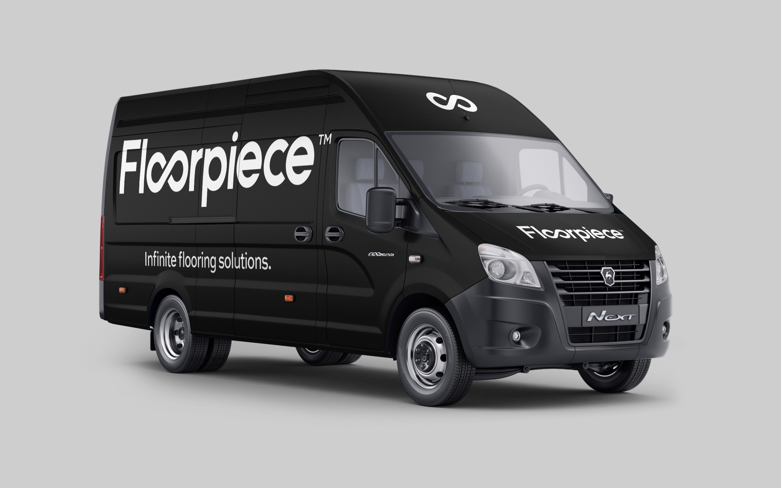 Mock up of black van with white Floorpiece logo on side